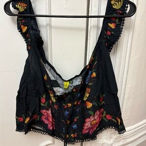 FARM Rio Black Floral Embroidered Top